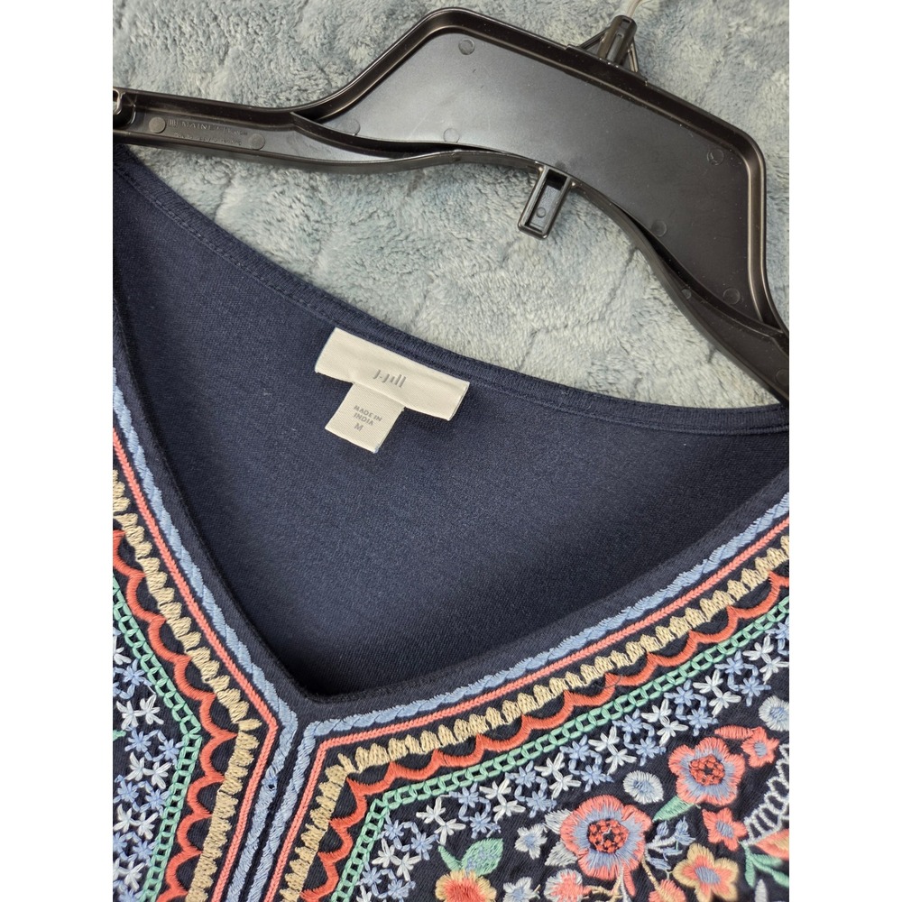 J. Jill Navy Blue Floral Embroidered V-Neck Tunic Top 3/4 Sleeve Size M
